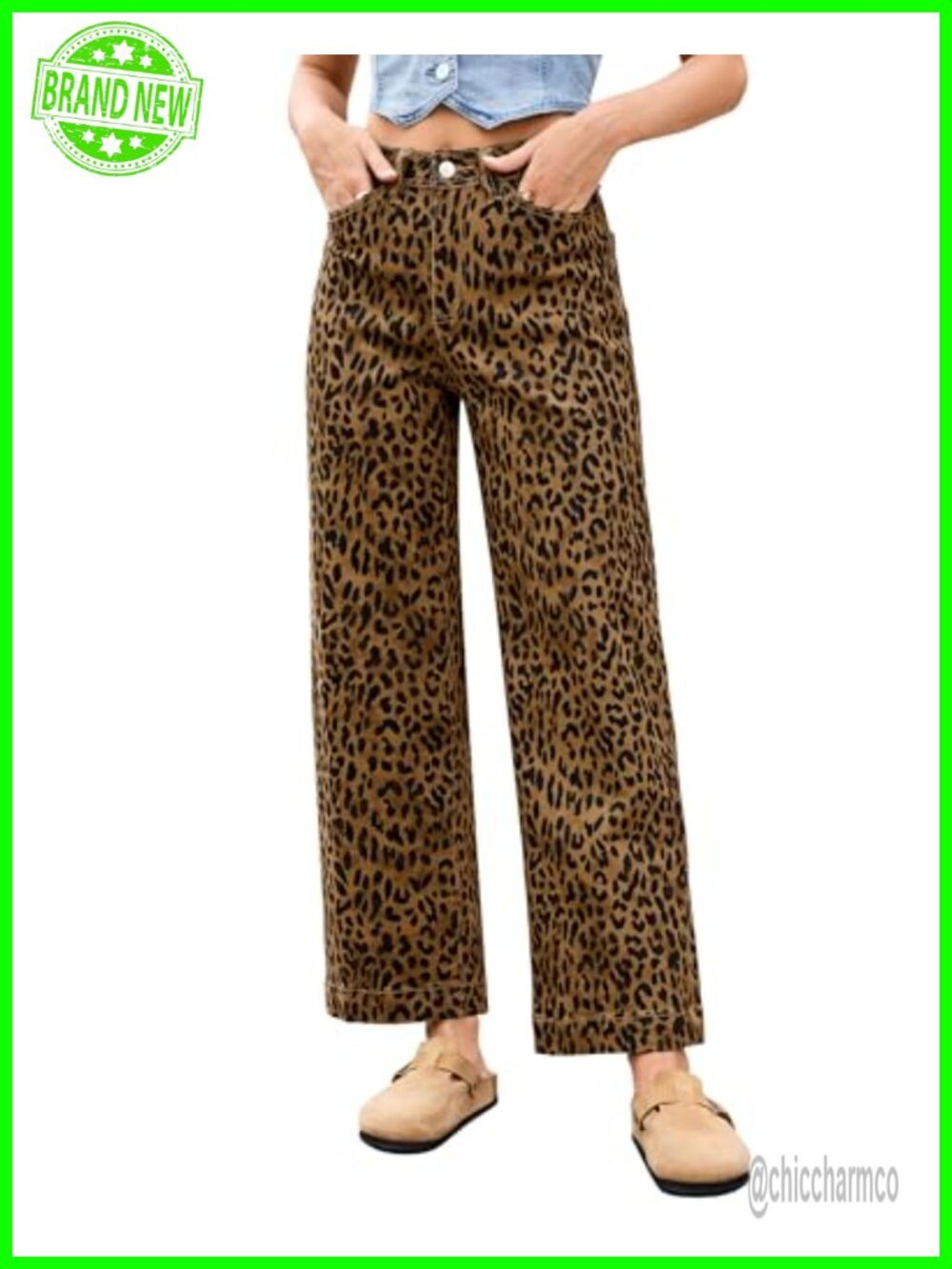Wide Leg Jeans High Waisted Stretchy Leopard Print Ankle Length